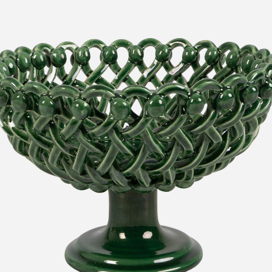 Woven Green Bouton Pedestal Bowl