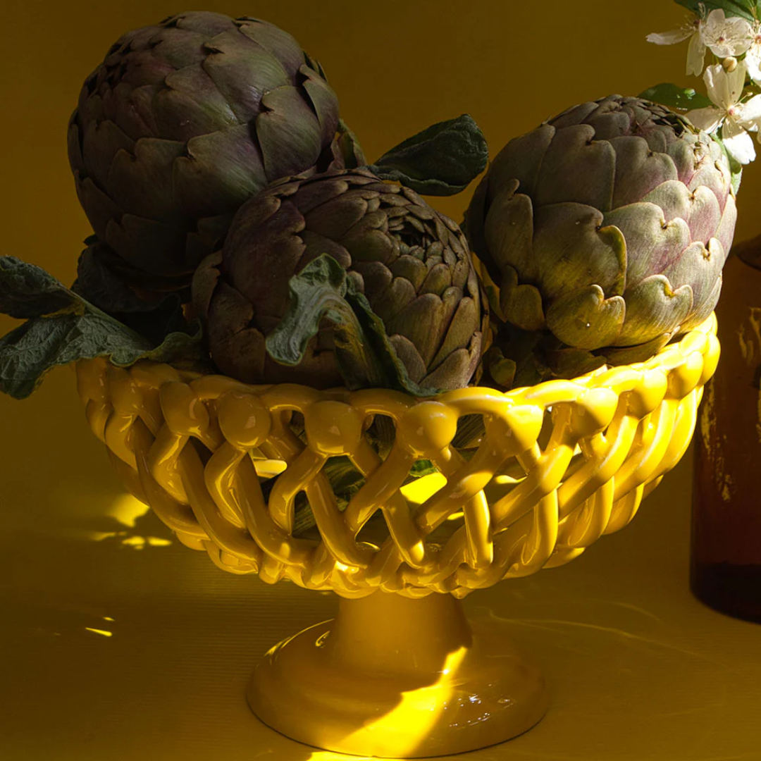 Woven Yellow Bouton Pedestal Bowl