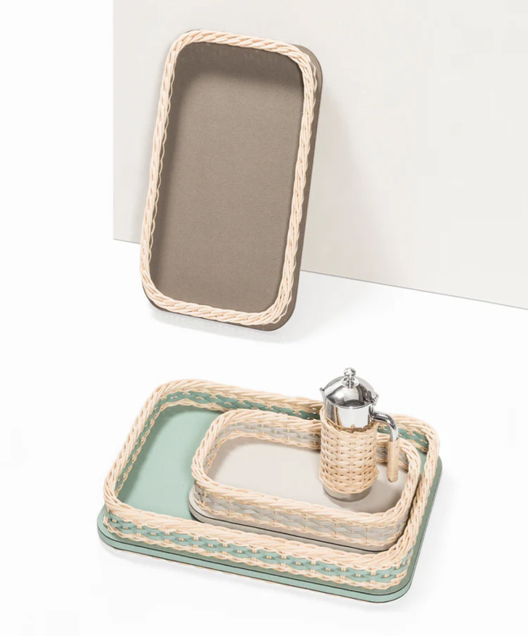 Orsay Beige Leather and Rattan Rectangular Mini Tray