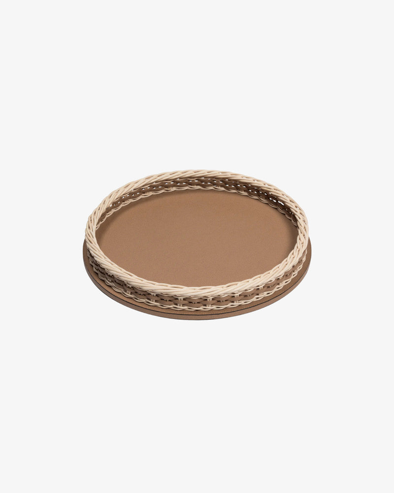 Orsay Brown Leather and Rattan Round Small Tray