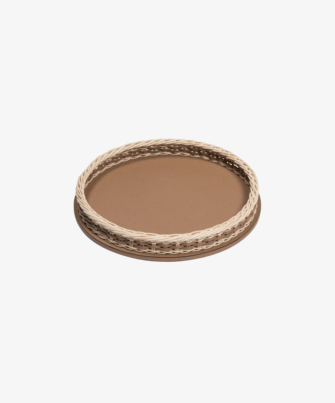 Orsay Brown Leather and Rattan Round Small Tray