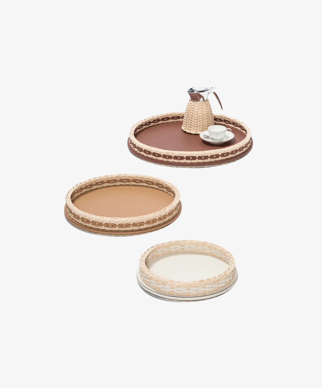 Orsay Brown Leather and Rattan Round Small Tray