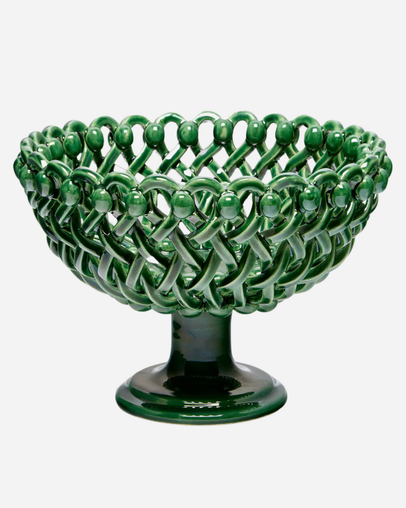 Woven Green Bouton Pedestal Bowl