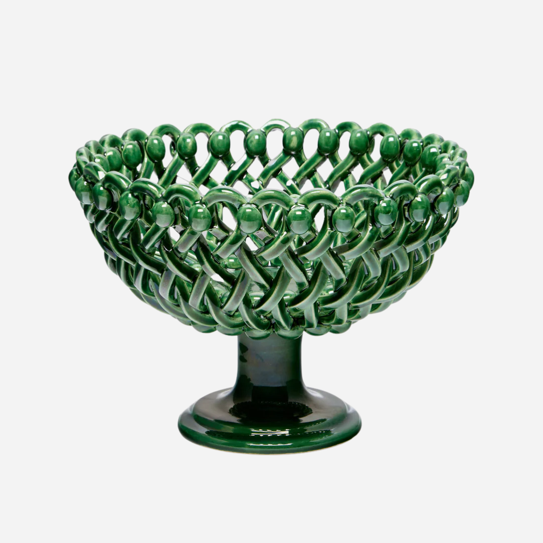 Woven Green Bouton Pedestal Bowl