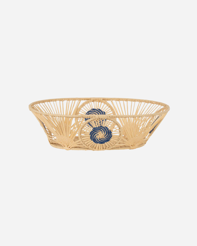 RAFFIA OVAL MEDALLION BASKET, BLUE