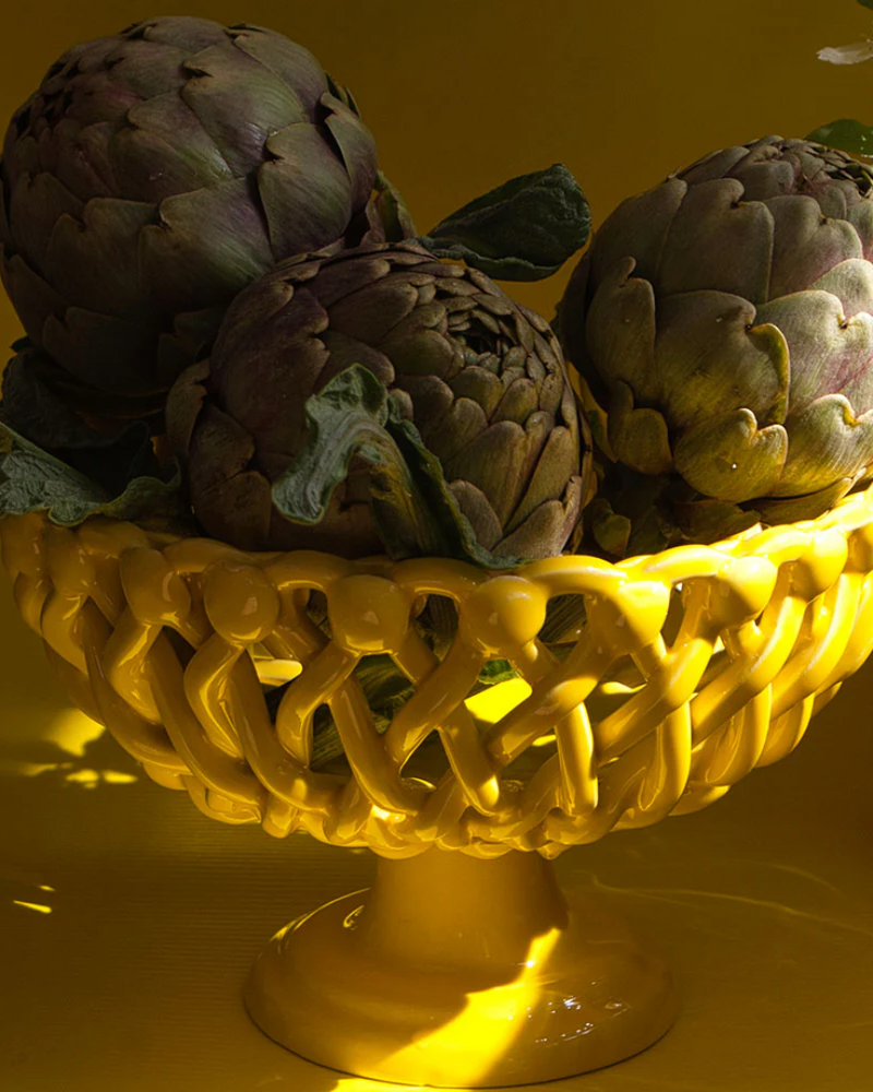 Woven Yellow Bouton Pedestal Bowl