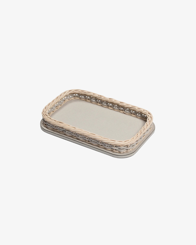 Orsay Beige Leather and Rattan Rectangular Mini Tray