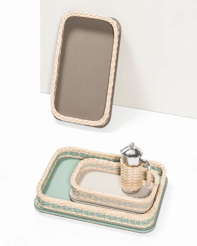 Orsay Beige Leather and Rattan Rectangular Mini Tray