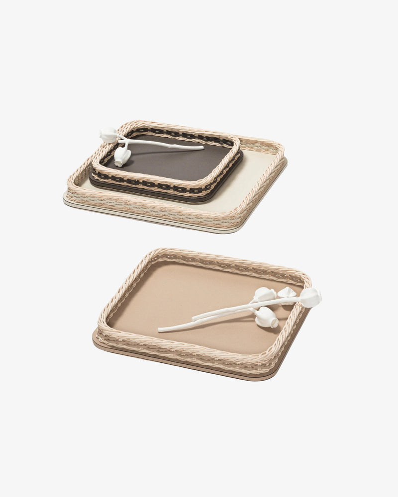 Orsay Brown Leather and Rattan Square Small Tray