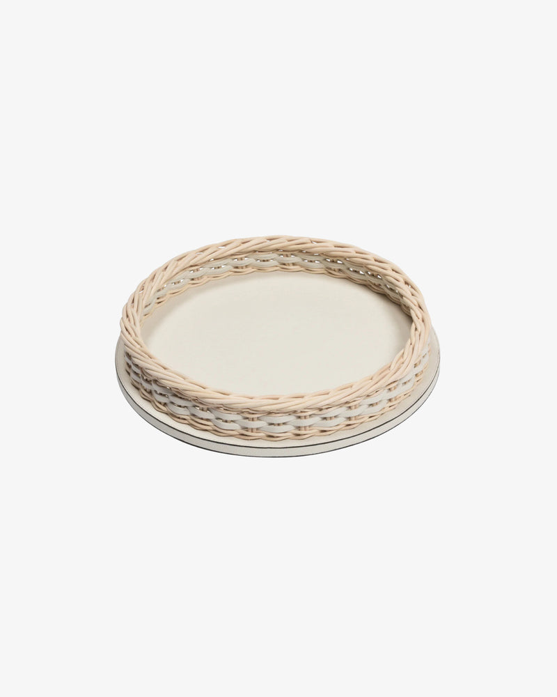 Orsay Cream Leather and Rattan Round Mini Tray