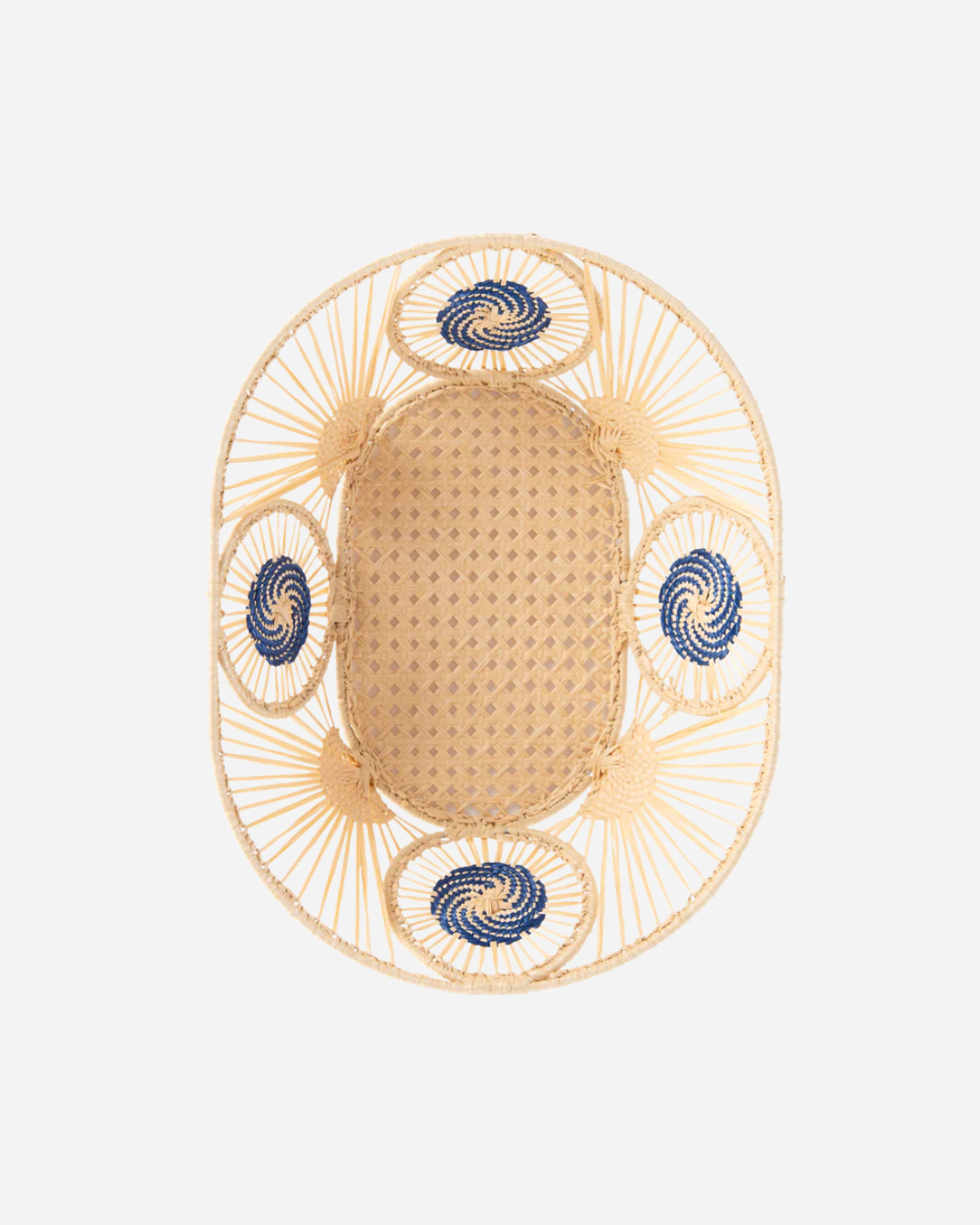 RAFFIA OVAL MEDALLION BASKET, BLUE
